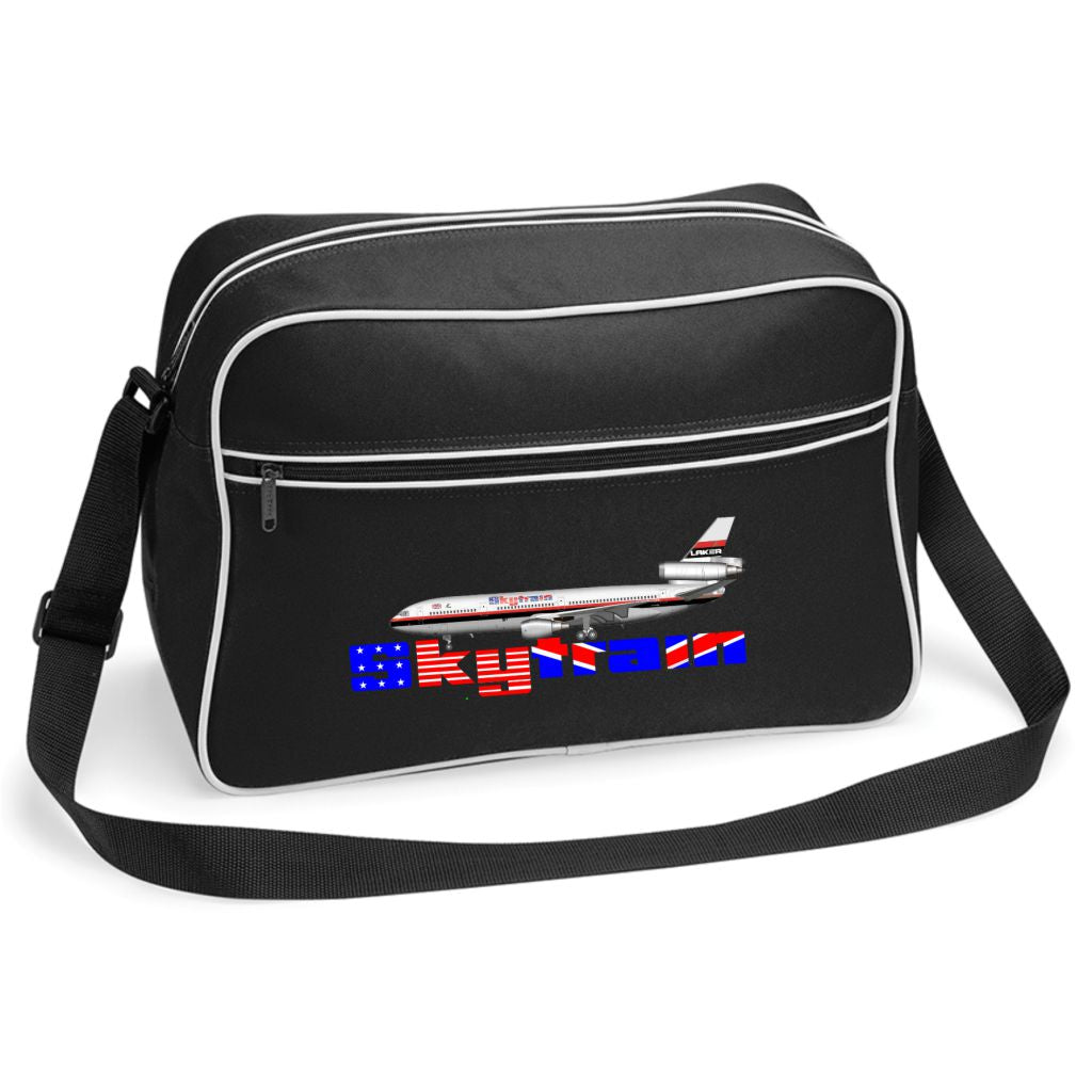 Black bag with airplane design and 'Skytrax' text on a white background