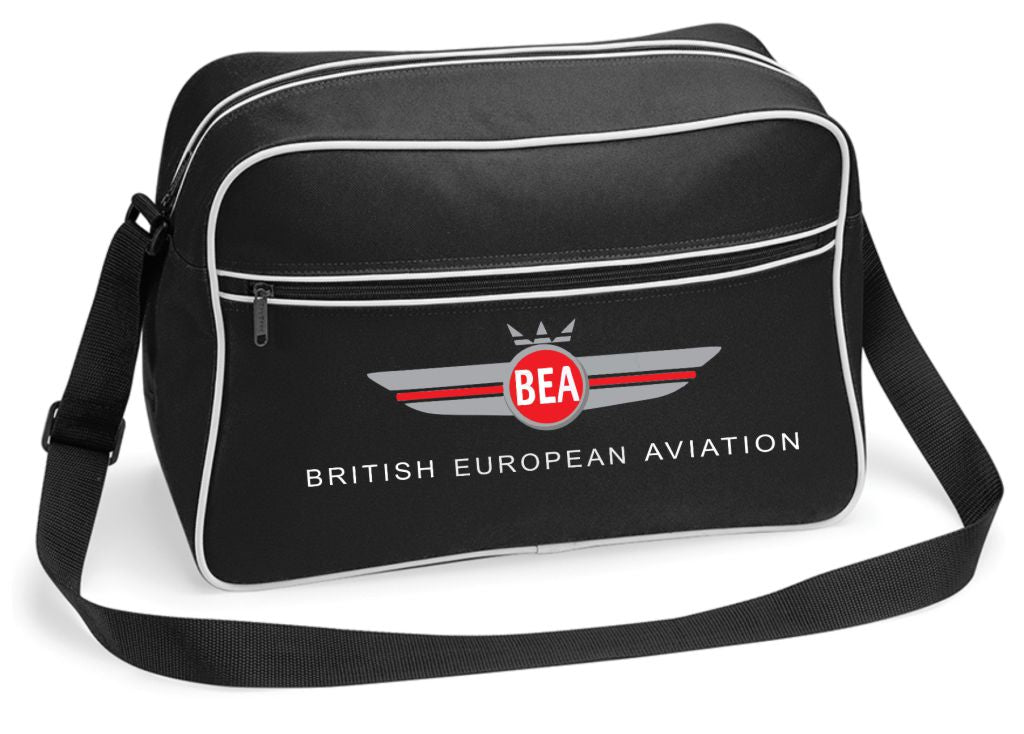 Black shoulder bag with British European Aviation logo on a white background
