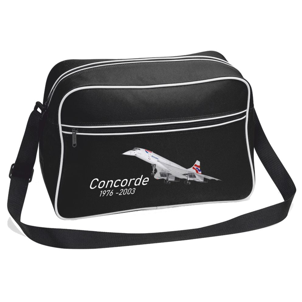 Black shoulder bag with Concorde airplane design and text on a white background