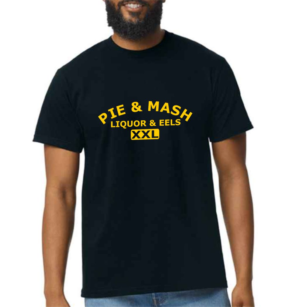 Person wearing a black t-shirt with yellow text on a white background