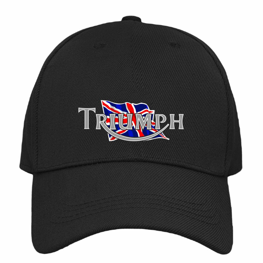 Black cap with Triumph logo featuring a British flag on a white background