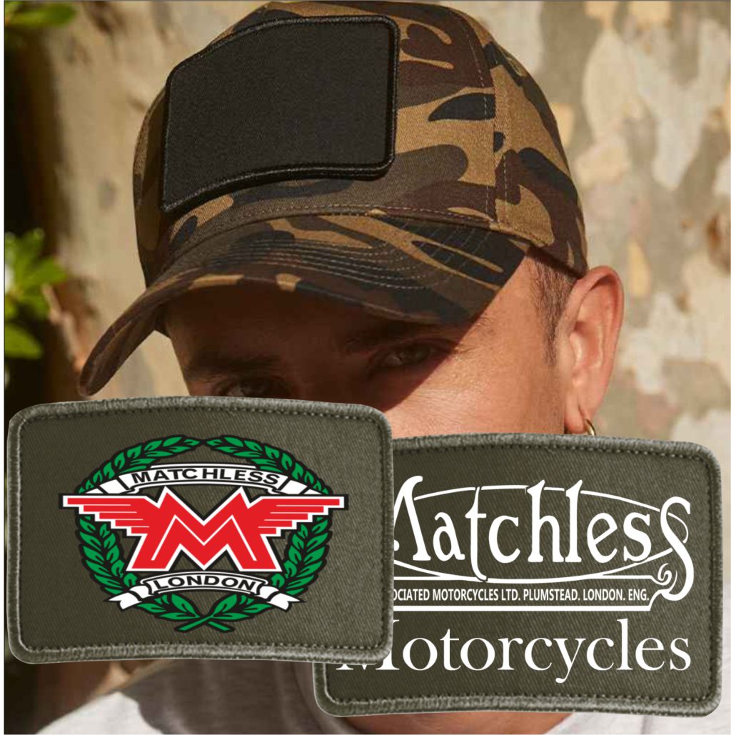 Person wearing a camouflage cap with Matchless Motorcycles patches.