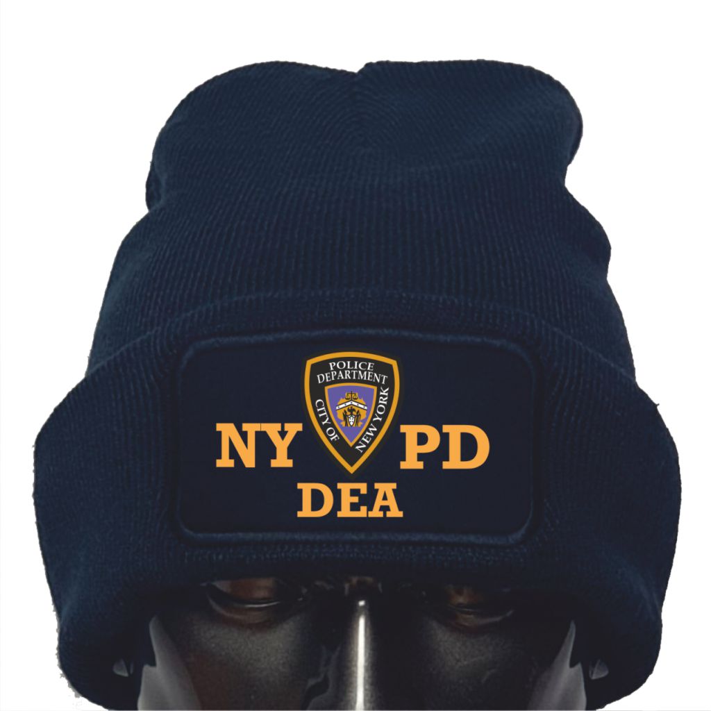 Navy blue beanie with NY PD and DEA logo on a white background