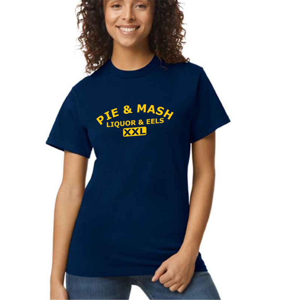 Person wearing a navy blue t-shirt with yellow text on a white background