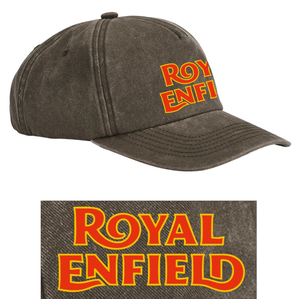 Brown cap with 'Royal Enfield' logo on a white background