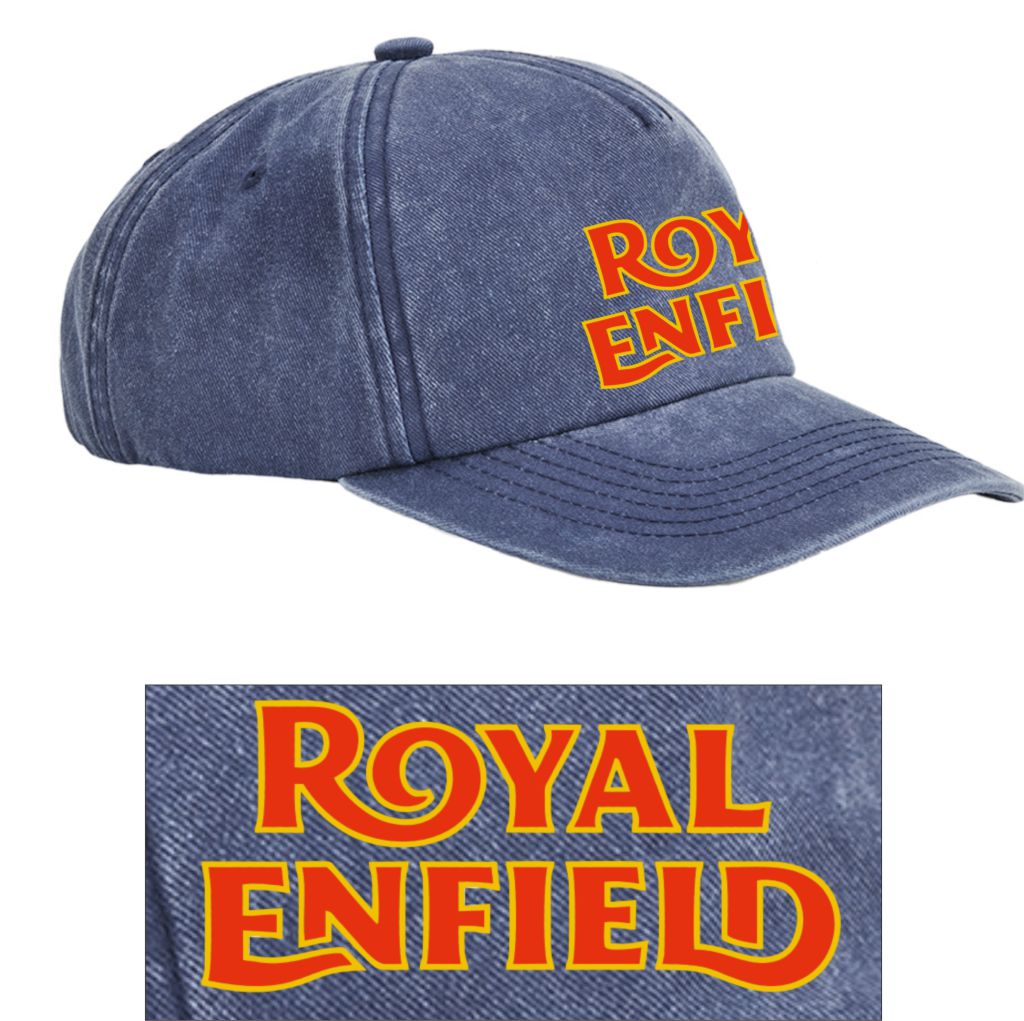 Blue cap with 'Royal Enfield' logo on a white background