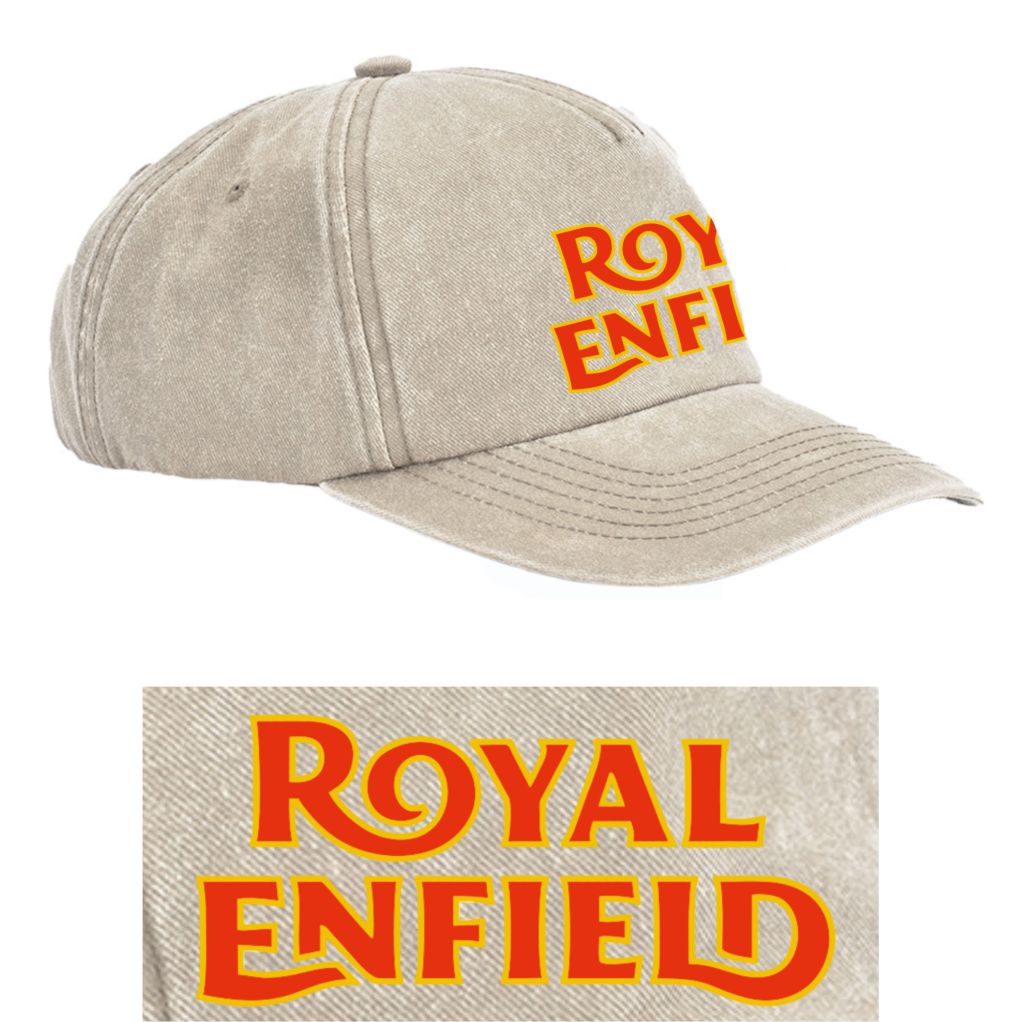 Beige cap with 'Royal Enfield' text in red on a white background