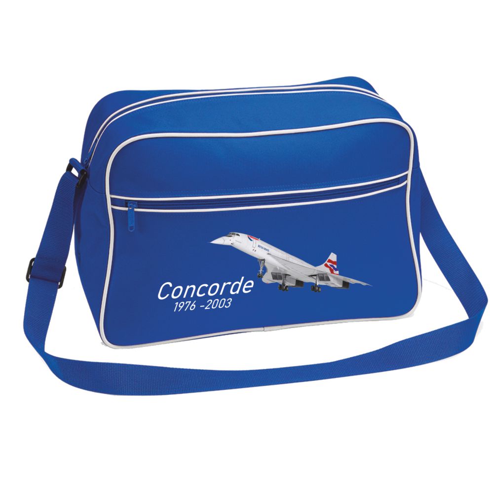 Blue bag with Concorde airplane design and text on a white background