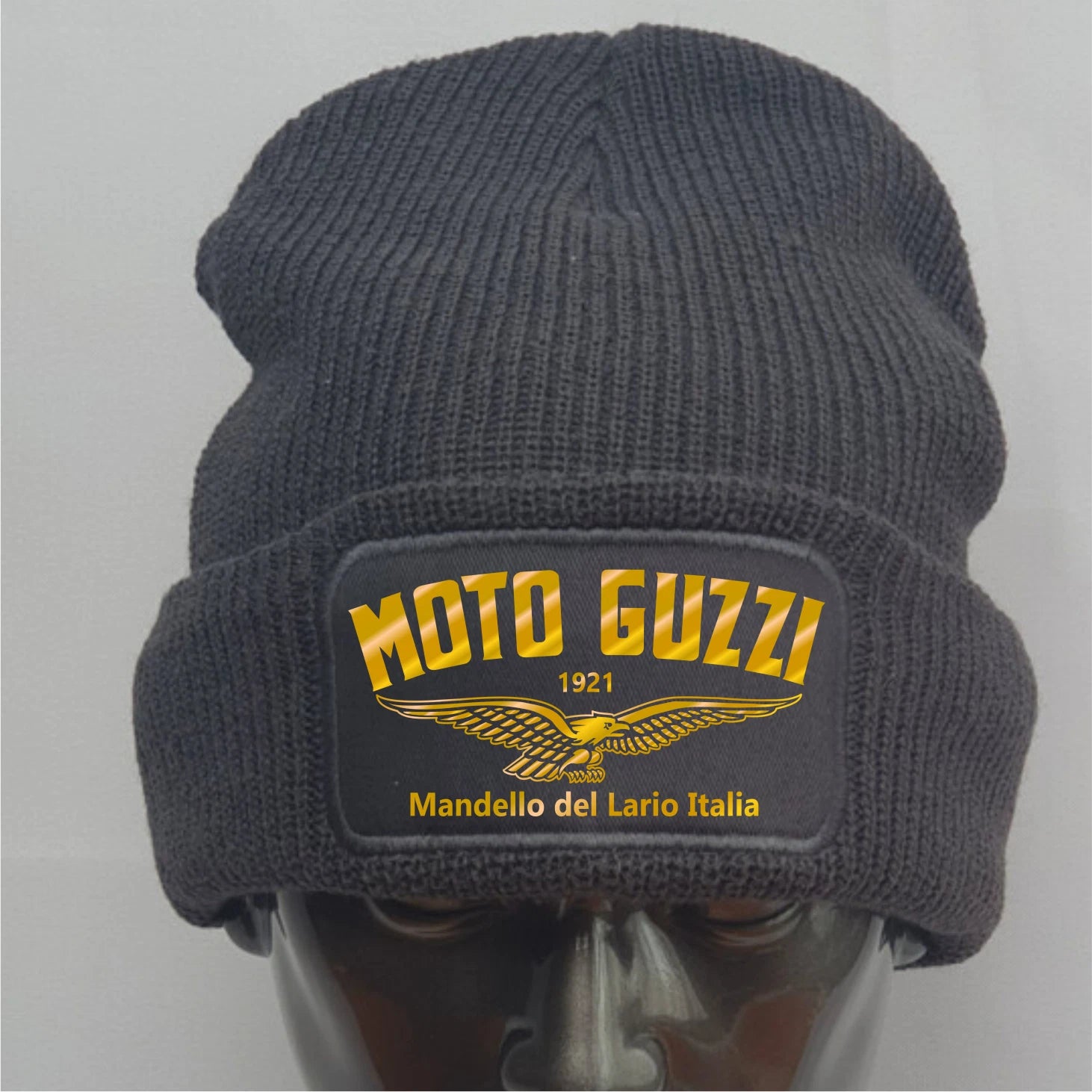 Gray knit beanie with Moto Guzzi logo on a gray background