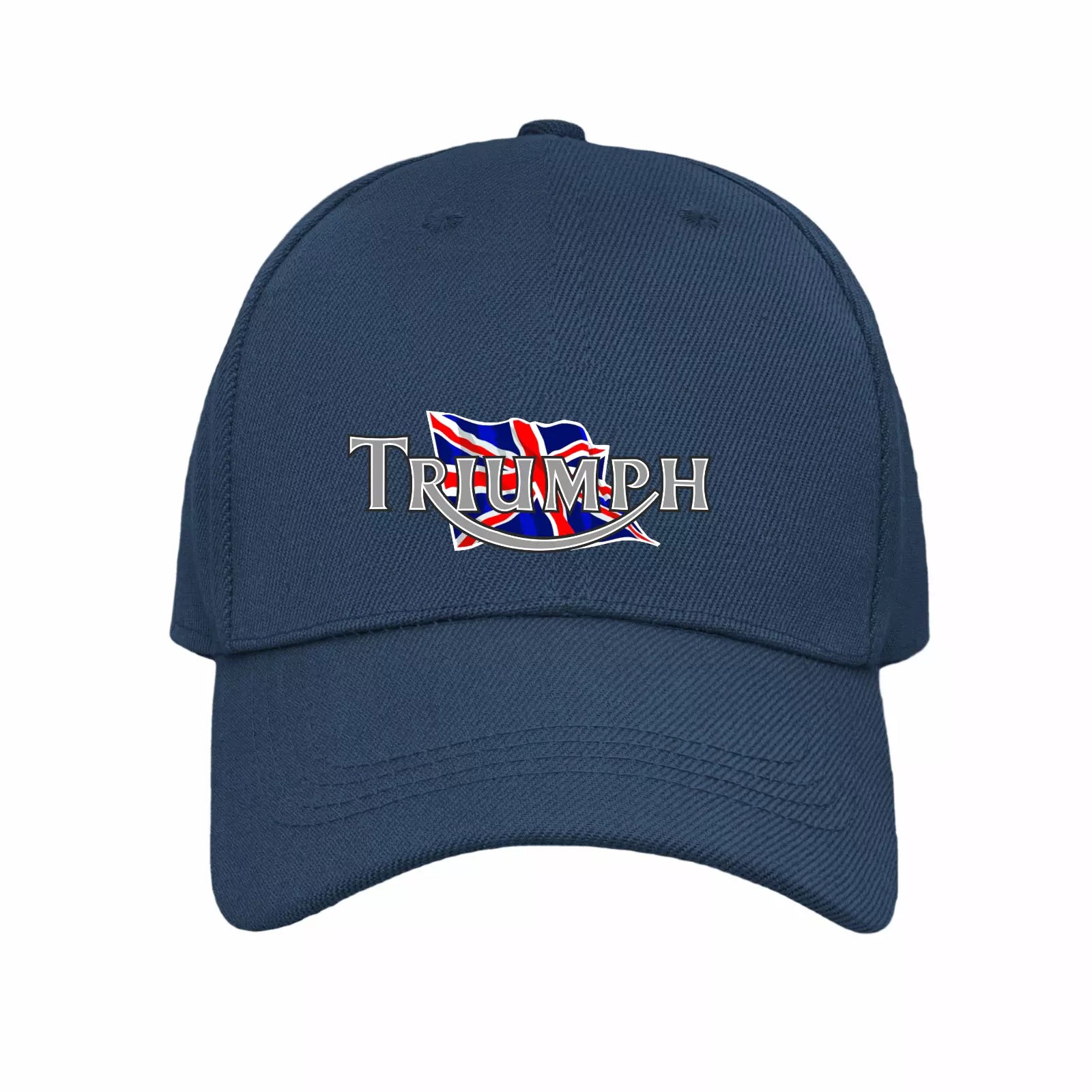 Navy blue cap with Triumph logo featuring a British flag design on a white background