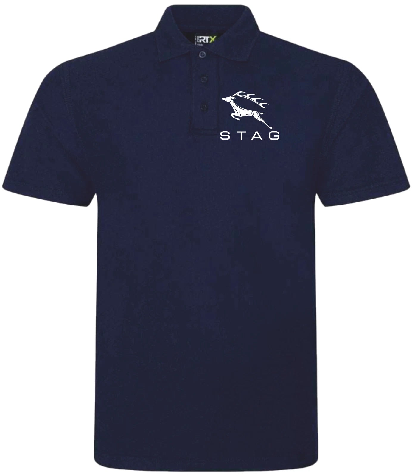 Navy blue polo shirt with white stag logo on a white background