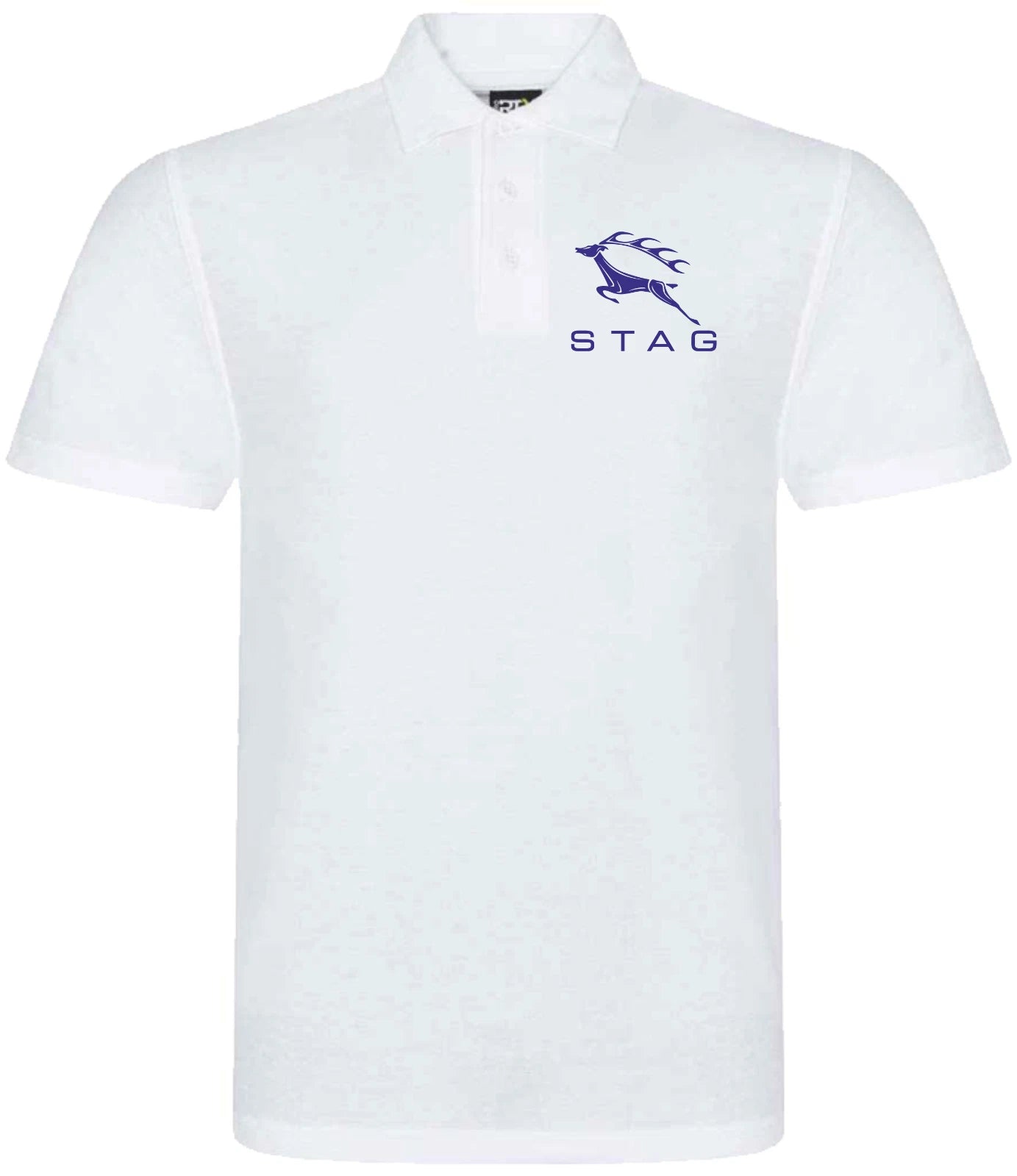 White polo shirt with a blue stag logo on a white background