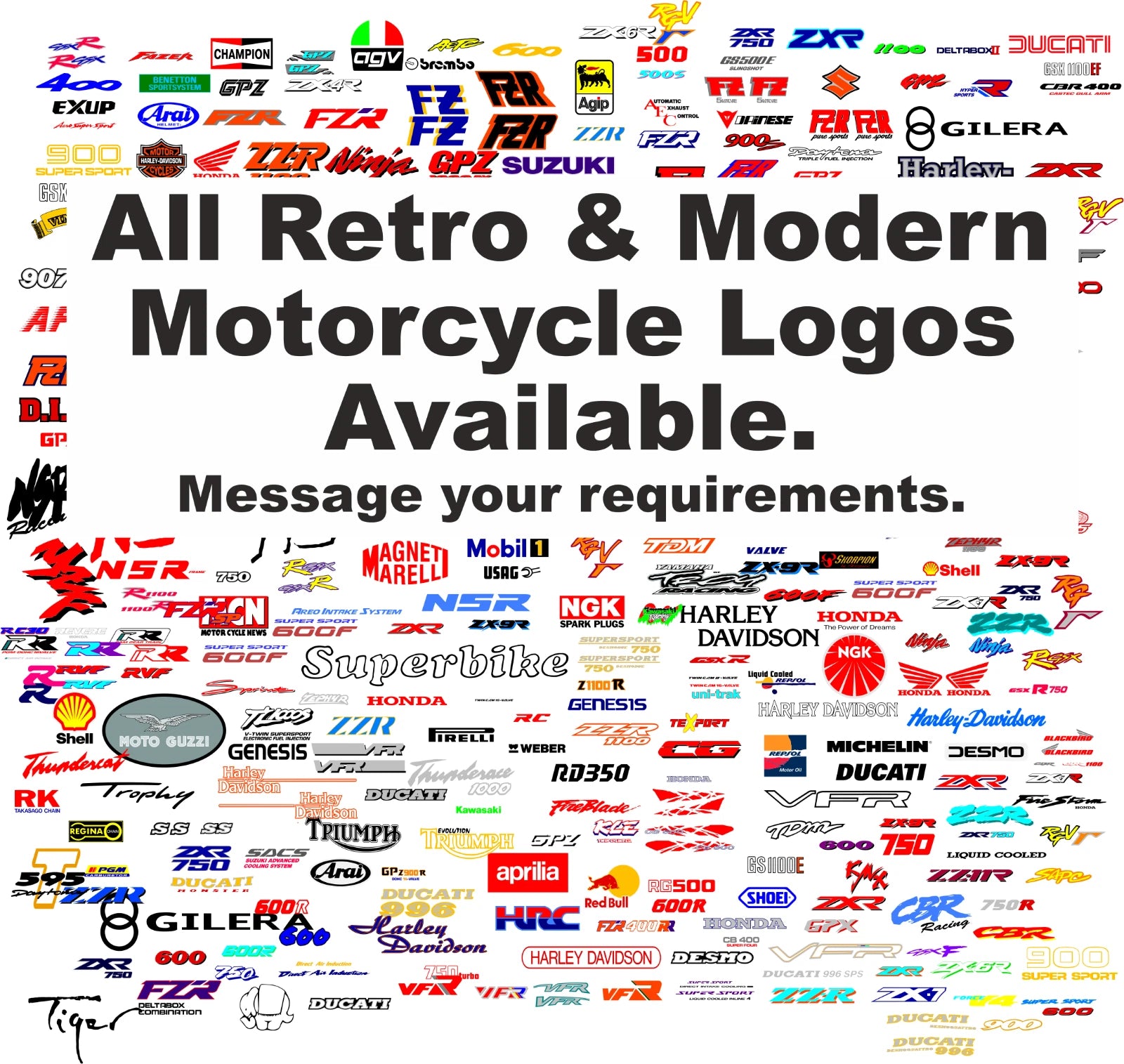 Collection of various motorcycle logos on a white background with text.
