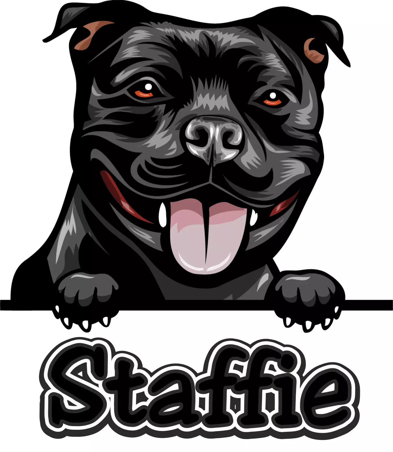 Black Staffie dog peeking over a sign with 'Staffie' text on a white background