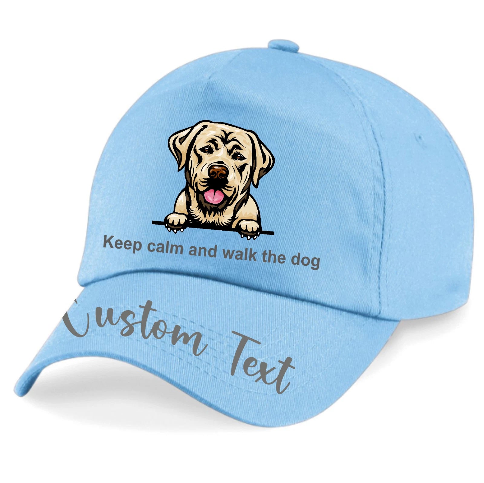 Light blue cap with a dog illustration and text on a white background