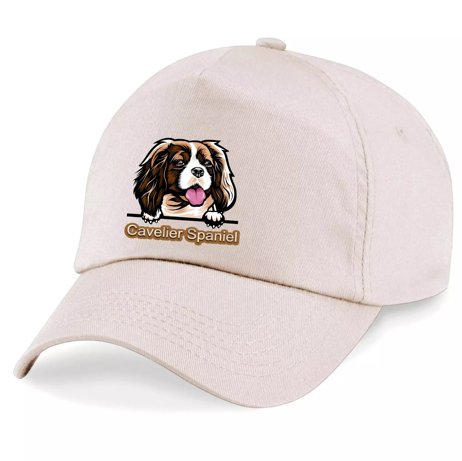 Beige cap with Cavalier Spaniel design and text on a white background
