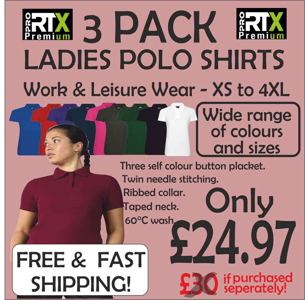 3 Pack plain Ladies Polo Shirts | fast shipping | Choice of Colours & Sizes | Custom decoration service available.