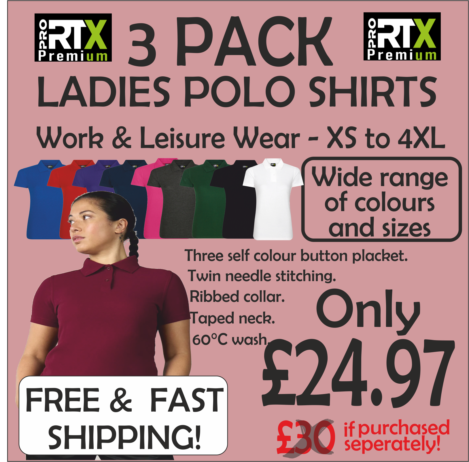 3 Pack plain Ladies Polo Shirts | fast shipping | Choice of Colours & Sizes | Custom decoration service available.