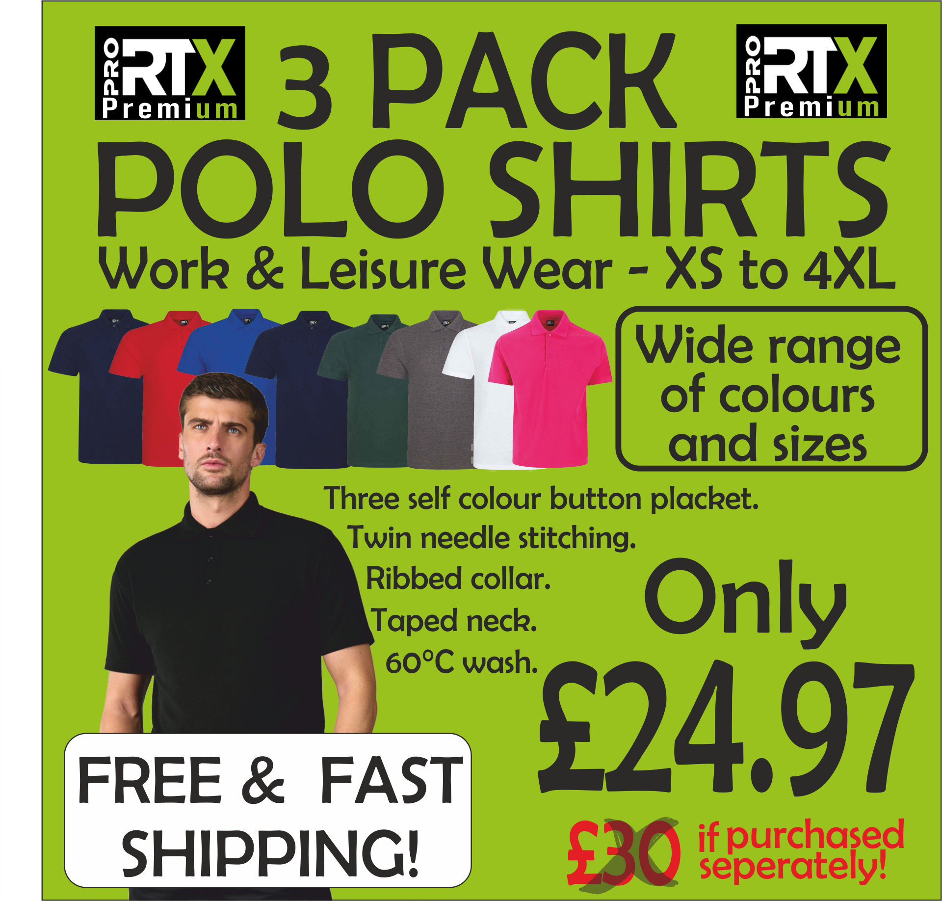 3 Pack plain Polo Shirts | fast shipping | Choice of Colours & Sizes | Custom decoration service available (Copy)