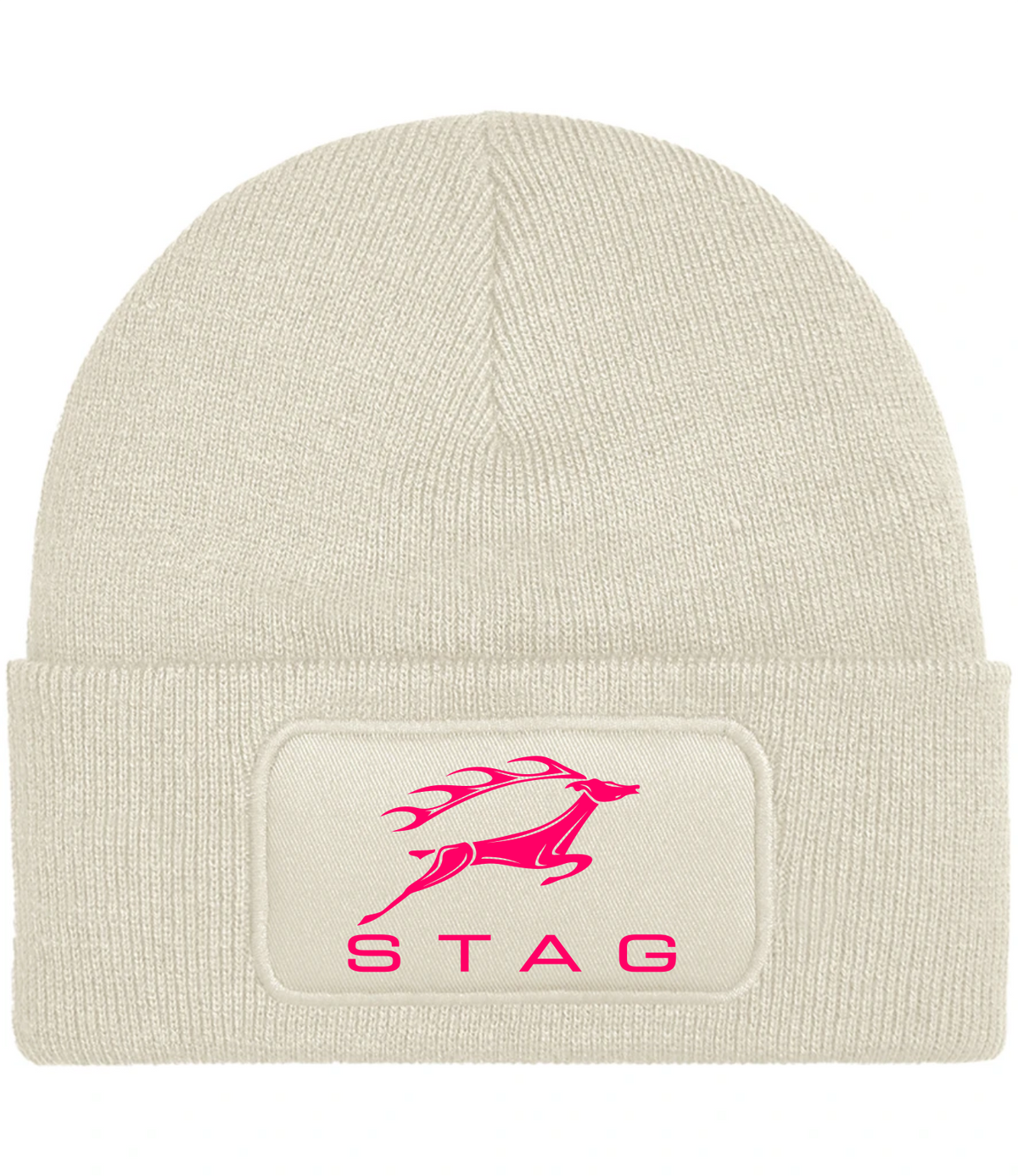 A cream-colored ribbed knit beanie hat featuring a rectangular patch on the front cuff with a pink Stag logo and the word 'STAG' in pink.