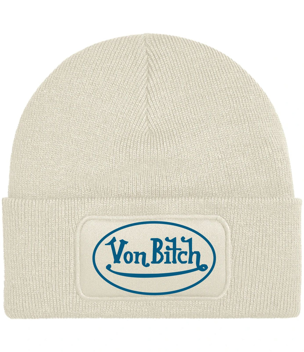 An off-white ribbed knit beanie hat featuring a rectangular patch on the front cuff with the brand name 'Von Bitch' in blue script inside an oval border.