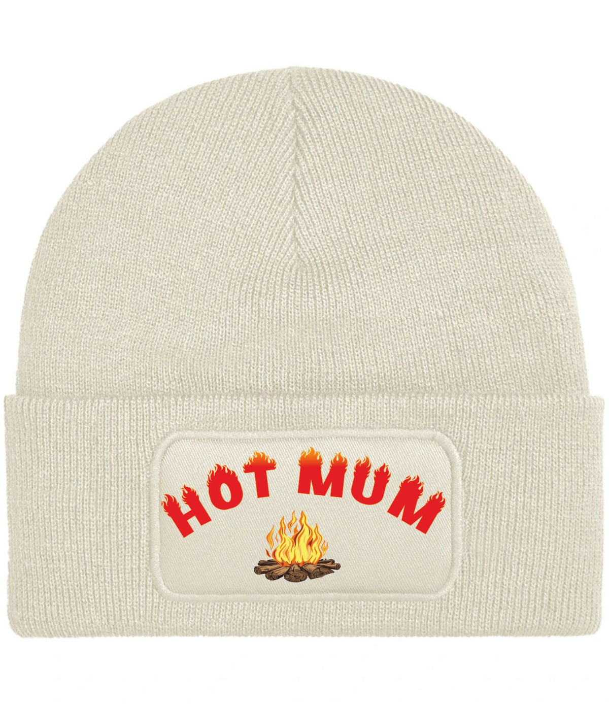 A ribbed knit cuffed beanie in a light cream or off-white color, featuring a rectangular printed patch on the front cuff with the words 'HOT MUM' in red with flame tops and a small campfire graphic below.