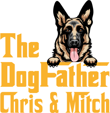 A stylized logo featuring a German Shepherd dog illustration above large yellow text reading 'The Dog Father Chris & Mitch' on a black background.