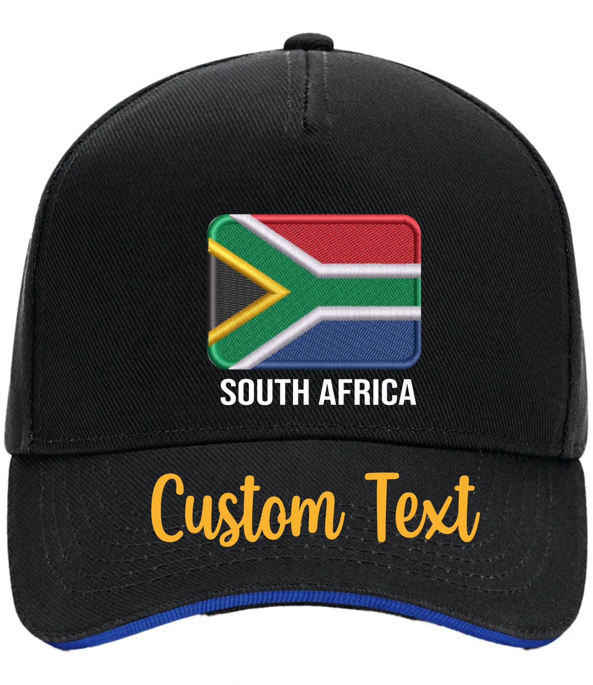 Black baseball cap featuring a faux embroidered South African flag on the front with 'SOUTH AFRICA' text below, and 'Custom Text' in yellow script on the brim.