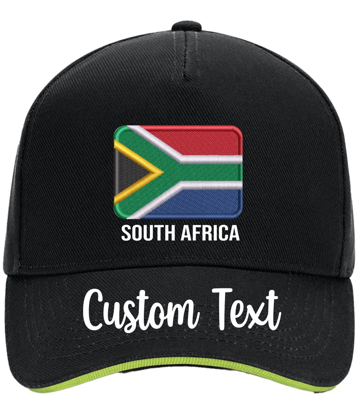 Black baseball cap featuring a faux embroidered South African flag on the front with 'SOUTH AFRICA' text below, and 'Custom Text' printed on the brim. The cap has a thin lime green inner brim edge.