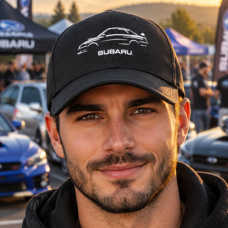 A black baseball cap featuring a white line-art graphic of a Subaru car and the word 'SUBARU' printed on the front, shown against a plain white background.