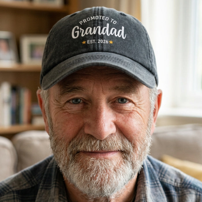 Vintage Baseball Cap in black with the text 'Promoted to Grandad 2026'