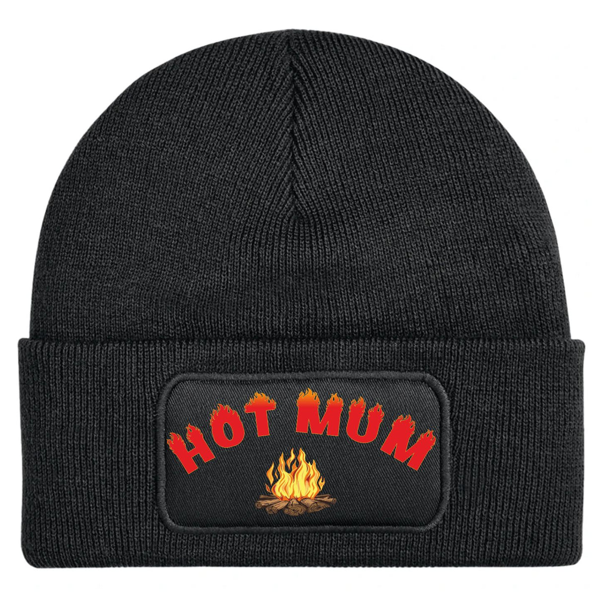 A black ribbed knit beanie hat featuring a front patch with the words 'HOT MUM' in red letters above a yellow and orange campfire graphic.