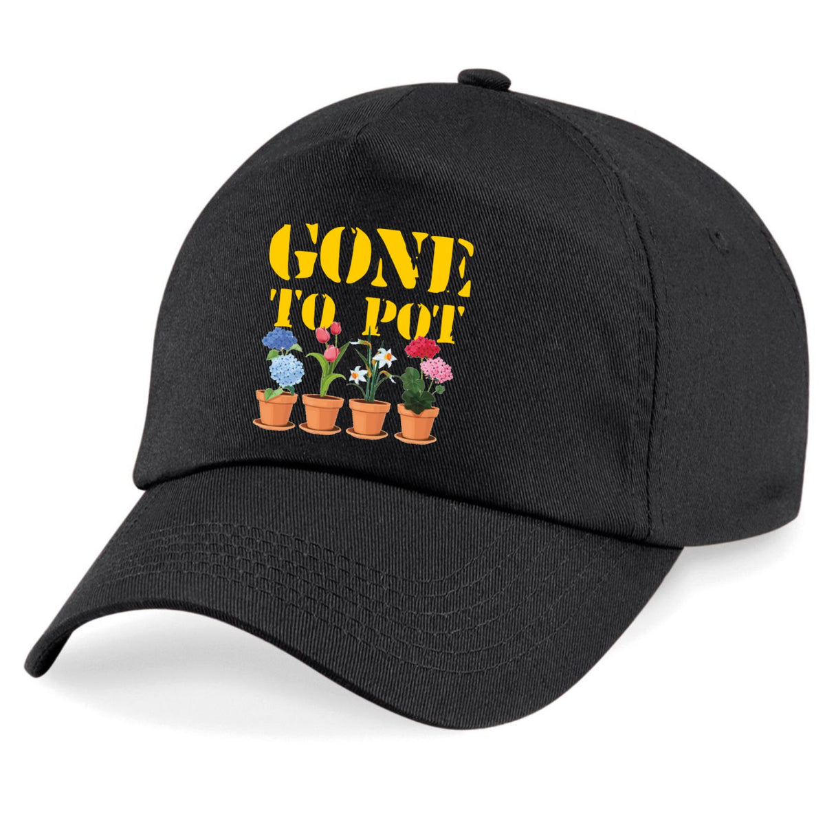 A black baseball cap featuring a graphic print on the front with the text 'GONE TO POT' in yellow, above four potted colorful flowers, shown on a plain white background.