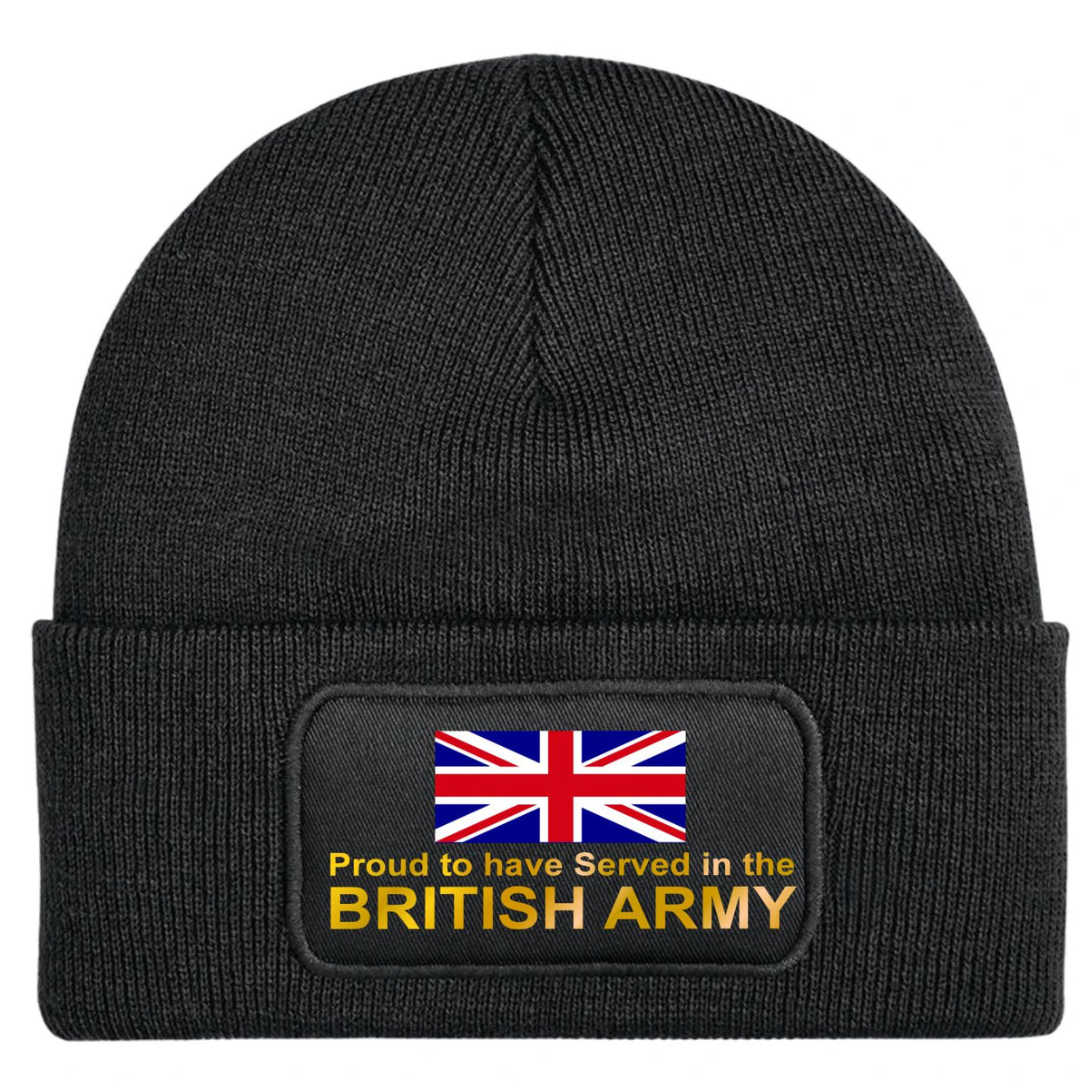 Black beanie hat with a Union Jack image and gold text 'Proud to have served in the British Army