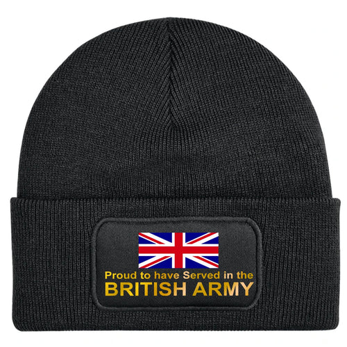 Black beanie hat with a Union Jack image and gold text 'Proud to have served in the British Army