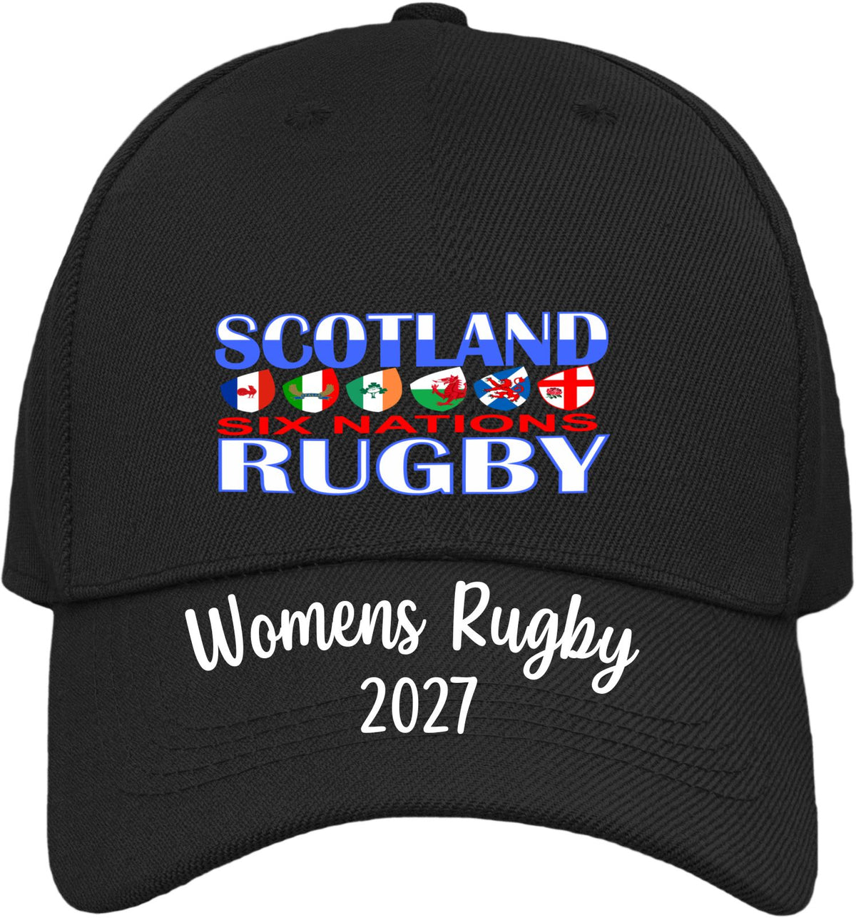 Black baseball cap with 'SCOTLAND SIX NATIONS RUGBY' and 'Womens Rugby 2027' printed on the front and brim.
