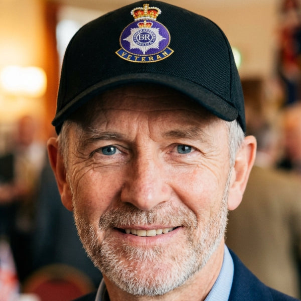 A black baseball cap featuring a detailed printed Police Veteran insignia on the front, set against a plain white background.