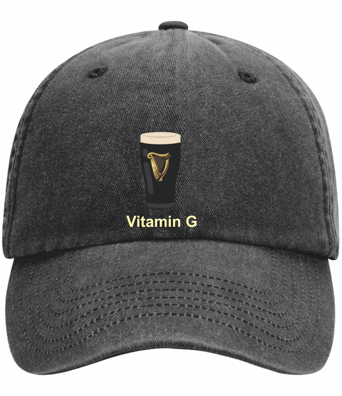 A dark gray washed baseball cap featuring an embroidered black pint glass with a gold harp and the text 'Vitamin G' in gold on the front.