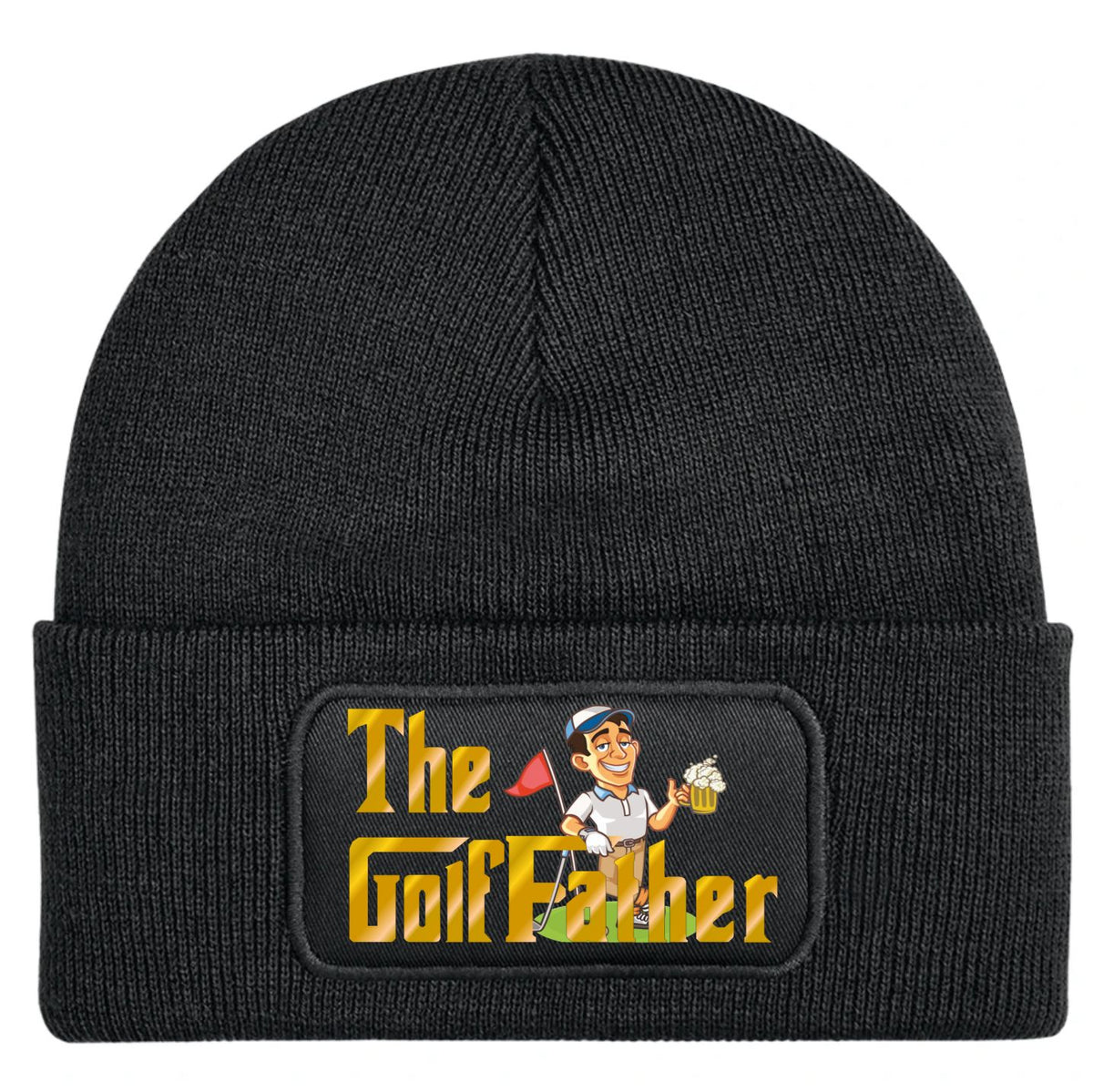 A black ribbed knit beanie hat featuring a rectangula printed patch on the front cuff. The patch displays the text 'The Golf Father' in a gold gradient font, accompanied by a cartoon illustration of a smiling golf course owner holding a flag and a beer mug.