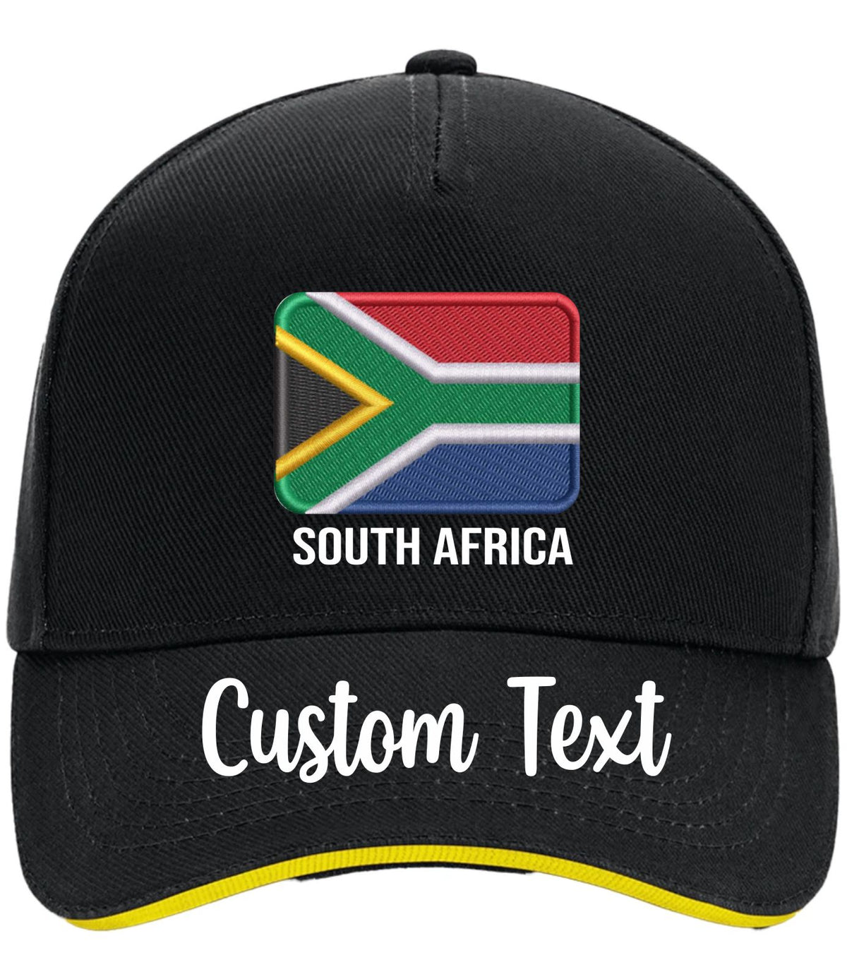 Black baseball cap featuring a faux embroidered South African flag on the front with the text 'SOUTH AFRICA' underneath, and 'Custom Text' printed in white on the brim. The cap has a yellow accent line along the edge of the brim.