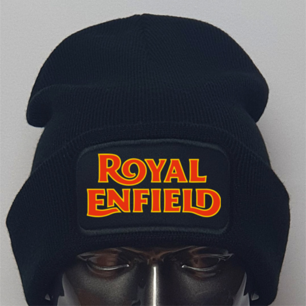 Black knit beanie with 'Royal Enfield' logo on a mannequin head against a gray background