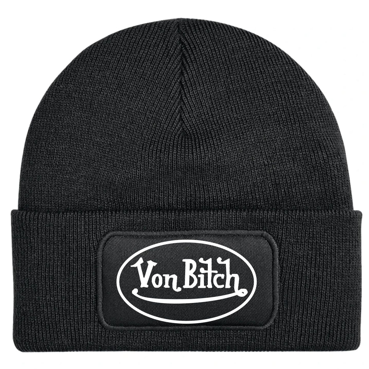 A black ribbed knit beanie hat featuring a rectangular black patch on the front cuff with the white text 'Von Bitch' inside an oval border.