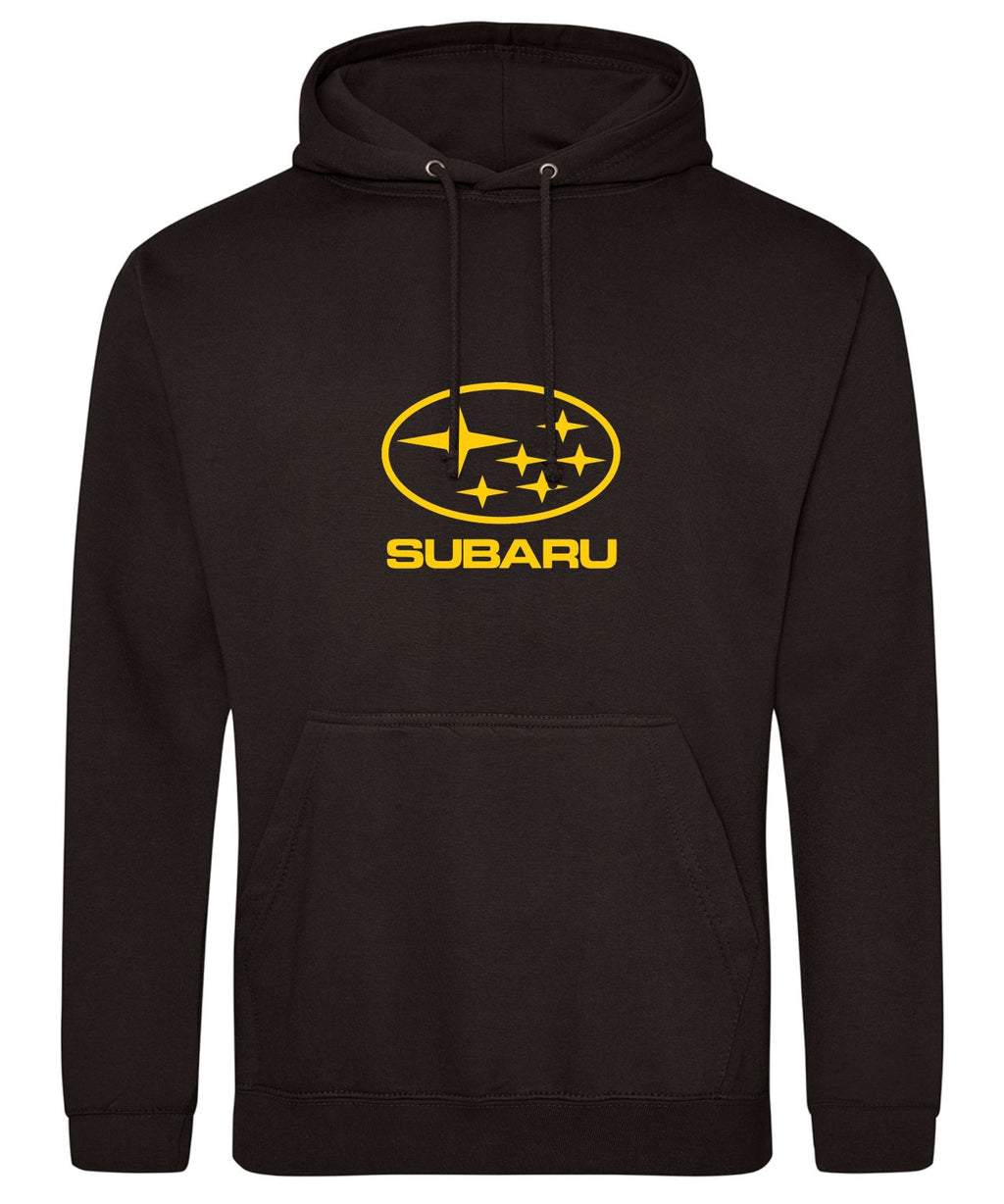 A black pullover hoodie featuring the yellow Subaru logo and wordmark printed on the chest, displayed against a solid white background.
