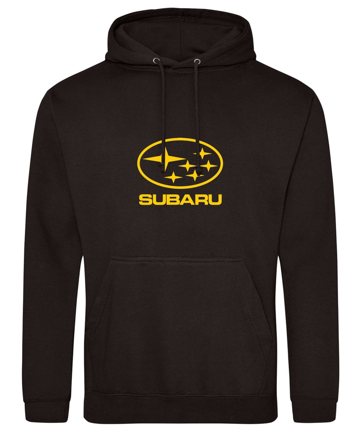 A black pullover hoodie featuring the yellow Subaru logo and wordmark printed on the chest, displayed against a solid white background.
