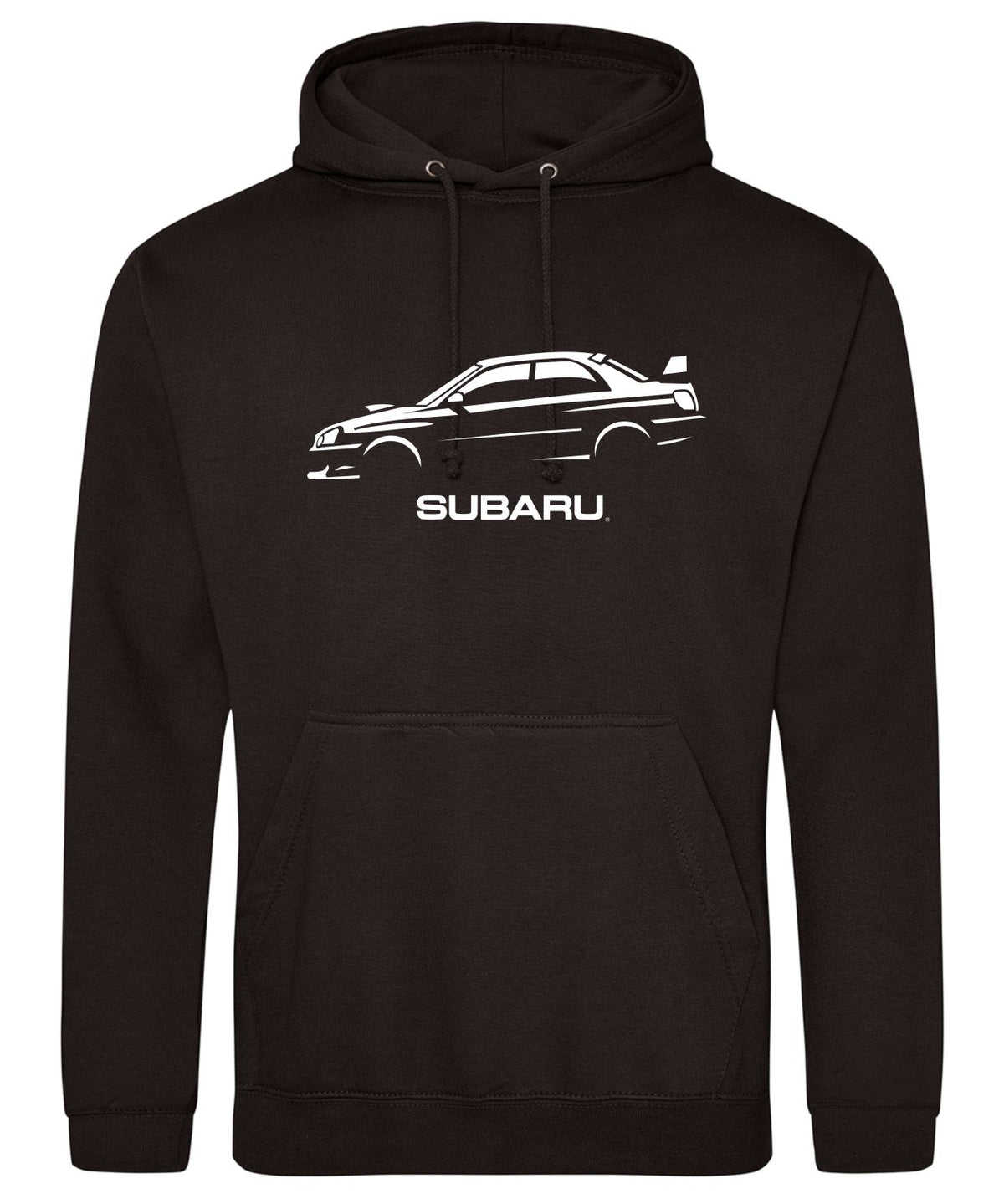 A black pullover hoodie featuring a white graphic of a sports car and the word 'SUBARU' printed on the chest, displayed against a solid white background.