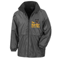 A dark gray full-zip windbreaker jacket with a black interior lining and a custom graphic on the left chest. The graphic features a German Shepherd dog illustration above the yellow text 'The Dog Father Chris & Mitch'.