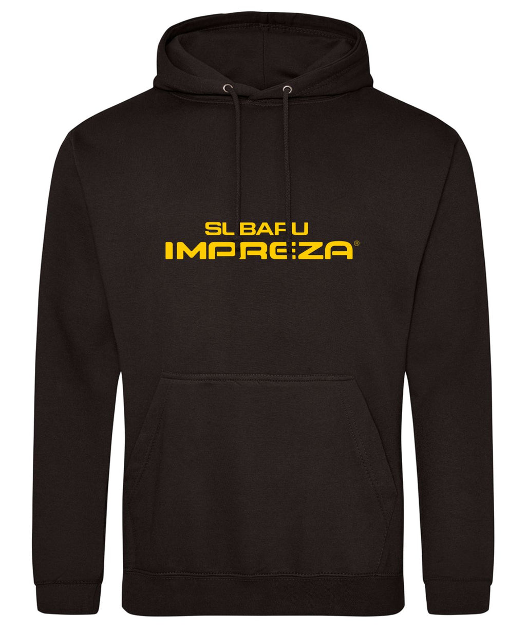A black pullover hoodie with a front kangaroo pocket and drawstrings, featuring the text 'SLBAFU IMPREZA' printed in yellow across the chest, shown on a plain white background.