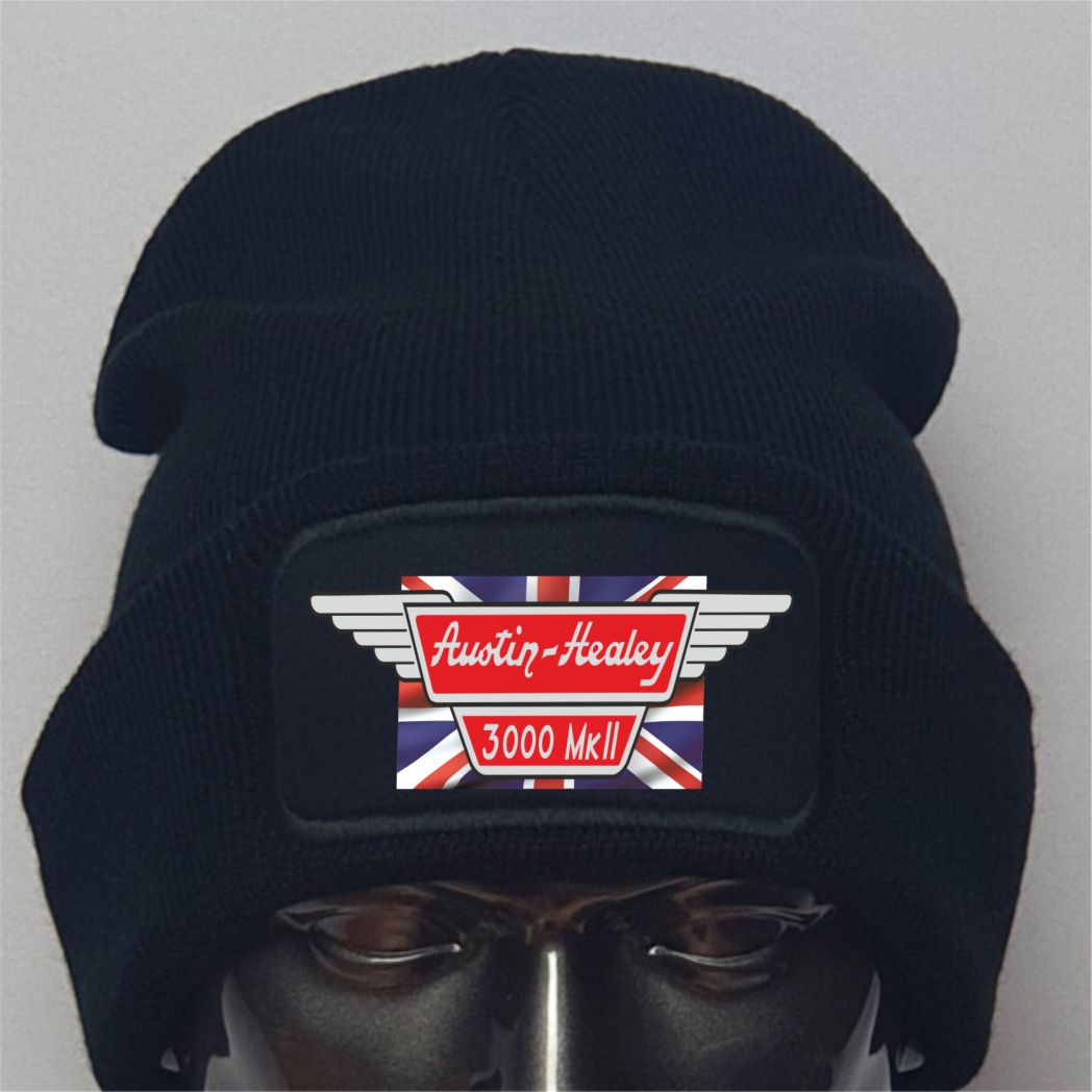 Black beanie with Austin-Healey logo on a gray background