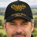 A black baseball cap with gold text reading 'Classic 1993' and 'Limited Edition' on the front, plus 'Custom Text Here' on the brim, shown on a plain white background.