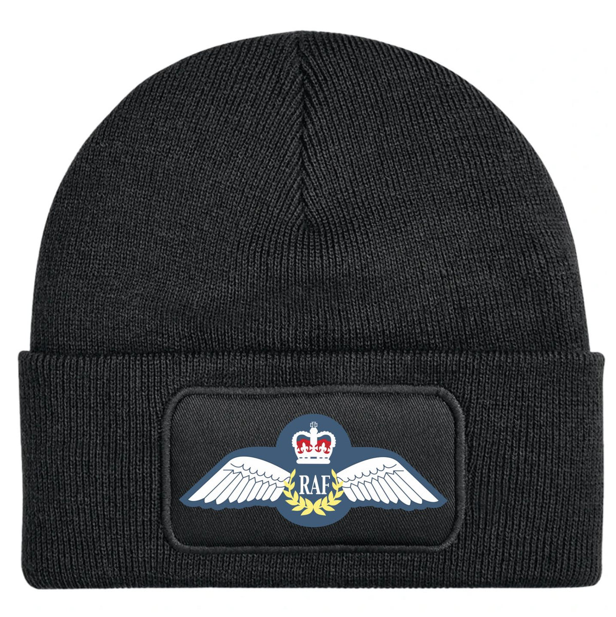 A black ribbed knit beanie hat featuring a rectangular patch on the front cuff with the Royal Air Force wings emblem.